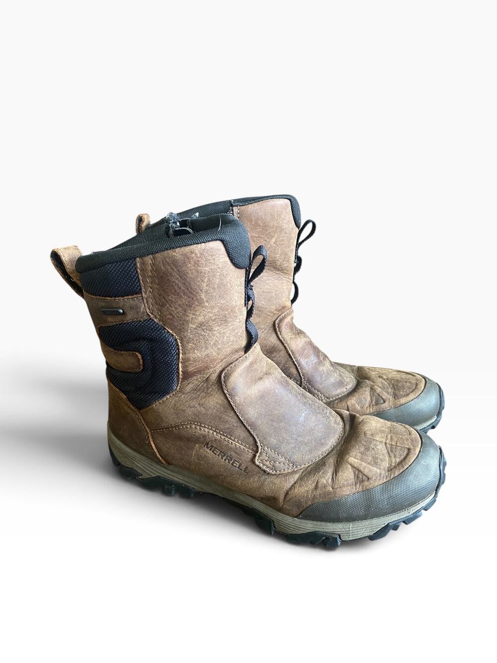 Merrell Men’s 9.5 Brown Leather Waterproof Boots Vibram Arctic Grip Side Zip